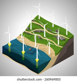 Vector isometric illustration of a wind power plants.