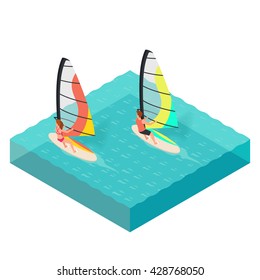 Vector isometric illustration of windsurfers. Man and woman on vacation. Concept for extreme sport. Windsurfing. Sea. Summer vacation.