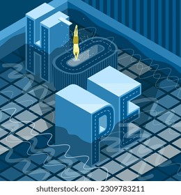 Vector isometric illustration of the word hope in blue shades with yellow swimmer.