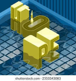 Vector isometric illustration of the word hope in blue shades with yellow swimmer.