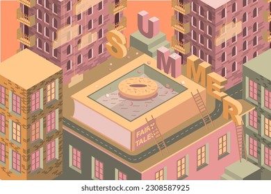 Vector isometric illustration of the word summer on the roof of a house with a book in the shape of a pool. Isometric illustration of a house with a book on the roof