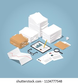 Vector isometric illustration of working with documents. Big stacks of paper and folders with glasses, documents, charts, magnifier.  Analysing and researching creative process concept. 