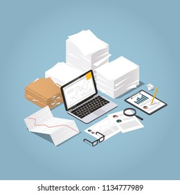 Vector isometric illustration of working with documents. Big stacks of paper and folders with laptop, glasses, documents, charts, magnifier, tablet. Analysing and researching creative process concept.