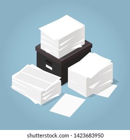 Vector isometric illustration of working with documents. Big stacks of paper and documents with box. Working with paper and archiving process concept. 