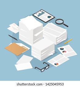 Vector isometric illustration of working with documents. Big stacks of paper and folders with glasses, documents, charts, magnifier.  Analysing and researching creative process concept.