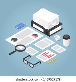 Vector isometric illustration of working with documents. Big stacks of paper, folder, contract, documents, magnifier, glasses, office supplies. Analysing and business planning concept.