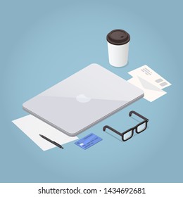 Vector isometric illustration of workplace. Closed laptop, papers, stationery, glasses, letters, coffee cup. Work concept.