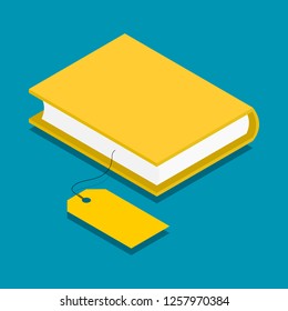 vector isometric illustration of yellow book and price tag isolated over blue background