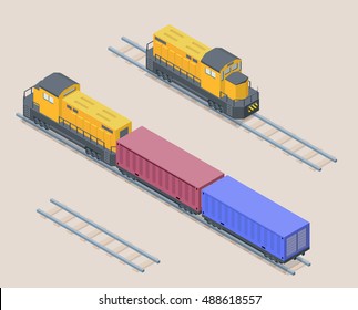 Vector isometric illustration of yellow cargo train with red and blue containers. Railroad elements. Front and back of locomotive.