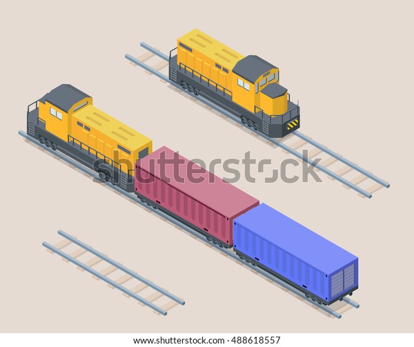 Vector isometric illustration of yellow cargo\
train with red and blue containers. Railroad elements. Front and\
back of locomotive.