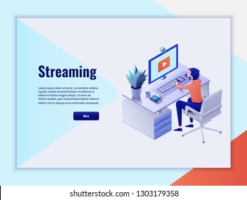 Vector isometric illustrations concept of live streaming. Modern flat design for bloggers and streamers.Landing page template. Flat isometric vector illustration.