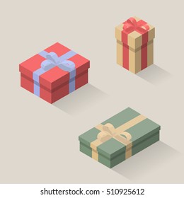 Vector isometric illustrations of gifts. Set of present boxes. Red, green and yellow boxes.