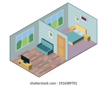 Vector Isometric Image. Apartment Interior. 2 Rooms: Living Room And Bedroom With Furniture.