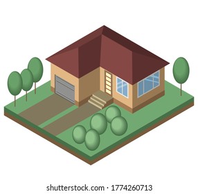 Imagen isométrica vectorial: una casa con garaje en un terreno arbolado y arbusto. 
