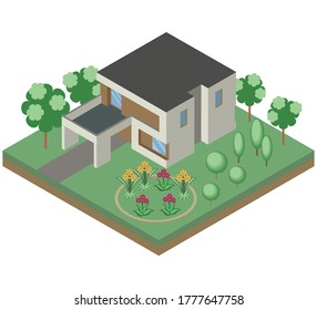 Imagen vectorial isométrica de una casa de estilo moderno, con territorio adyacente, árboles, jardín de flores. EPS10.