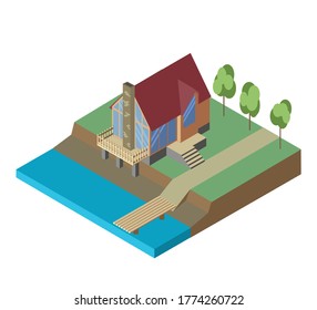 Vector isometric image: a house on a plot of land on the shore of a lake, river, with trees. 