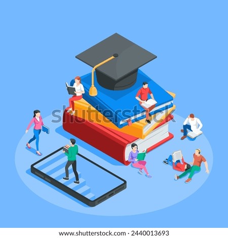 vector isometric image of people reading books, in color on a blue background, reading students and a stack of books with a bachelor's hat