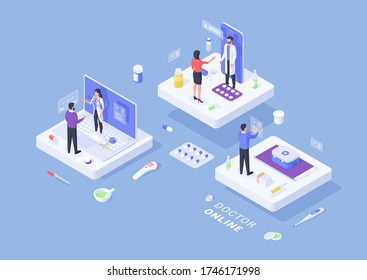 Vector isometric image of people receiving consultation from doctors online while staying home and taking care of health remotely on blue background