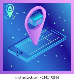 Vector isometric image of a smartphone with navigation application. Application guide. Route map with location and home symbol. The concept of a search engine