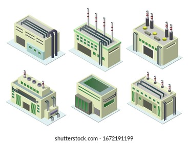 Vector isometric industrial buildings icon set.