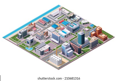 Vector Isometric industrial and business city district map with factories and offices
