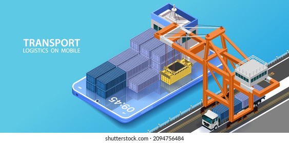 Vector isometric industrial cargo port.Check the shipping port via mobile.Container terminal with cranes, container carrier ship and warehouse. Vessel unloaded by gantry cranes