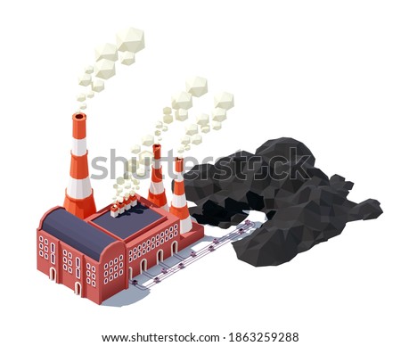 Vector isometric industrial factory building with pipes, coal, cart and railway. Plant or Factory Building icon