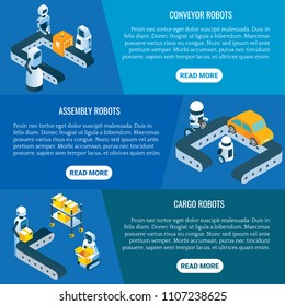 Vector isometric industrial horizontal banner set with automated production line and conveyor, assembly, cargo robots working there and copy space.