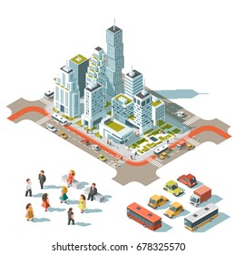 Vector Isometric Info Graphic City Streets With Different Buildings, Houses, Shops And Skyscrapers. Transport And People. Low Poly Style.