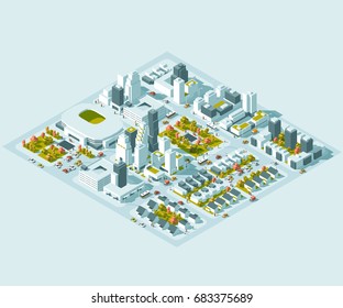 Vector Isometric info graphic city streets with different buildings, houses, shops and skyscrapers. Transport and people. Low poly style.