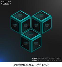 Vector isometric infographic with blue cubes on the black background. Business concept with 9 options, parts, steps. Can be used for graph, diagram, chart, workflow layout, number options, web.