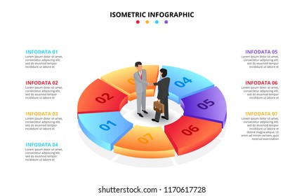 Vector isometric infographic with businessman handshake. Template for diagram, presentation and pie chart. Business concept with 7 options, parts, steps or processes. Partnership concept.