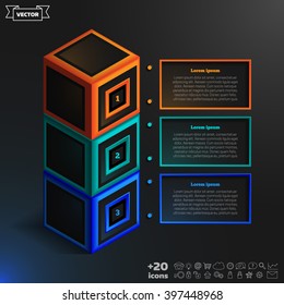 Vector isometric infographic with colorful cubes on the black background. Business concept with 3 options, parts, steps. Can be used for graph, diagram, chart, workflow layout, number options, web.