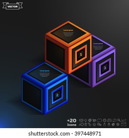 Vector isometric infographic with colorful cubes on the black background. Business concept with 3 options, parts, steps. Can be used for graph, diagram, chart, workflow layout, number options, web.