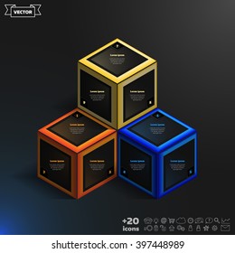 Vector isometric infographic with colorful cubes on the black background. Business concept with 9 options, parts, steps. Can be used for graph, diagram, chart, workflow layout, number options, web.
