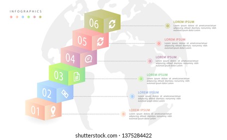 Vector isometric infographic design UI template colorful gradient labels and icons with earth map background. Ideal for business concept presentation banner workflow layout and process diagram.