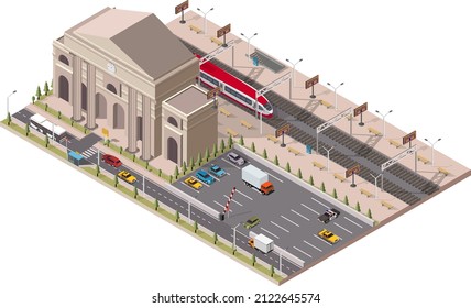 Vector isometric infographic element or icon. low poly railway public train station building with trains, platform, parking and related infrastructure