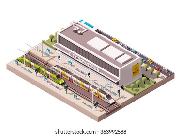 Vector isometric infographic element or icon representing low poly public train station building with trains, platform, and related infrastructure