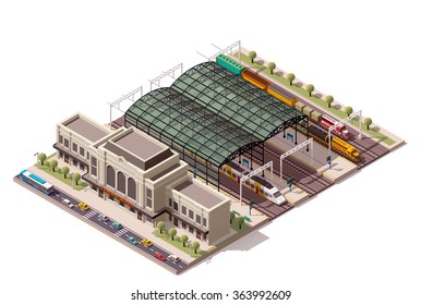 Vector isometric infographic element or icon representing low poly public train station building with cargo and passenger trains, platform, related infrastructure