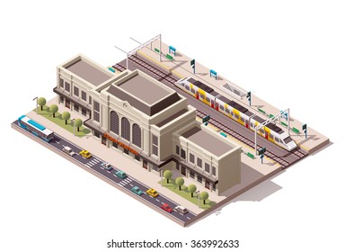 Vector isometric infographic element or icon representing low poly public train station building with  passenger trains, platform, related infrastructure