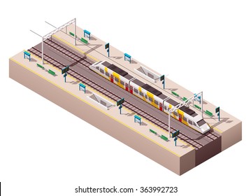 Vektor-isometrische Infografik-Element oder Icon, das eine Low-Poly-Plattform für öffentliche Bahnhöfe mit Personenzügen und dazugehörigen Infrastrukturen darstellt