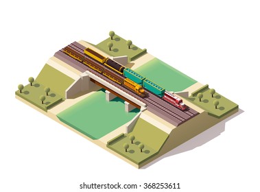 Vector isometric infographic element or icon representing low poly train bridge with cargo locomotive and cars passing by railway over the river 