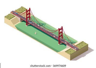 Vector Isometric infographic element or icon representing cars, trucks and buses driving on Golden Gate suspension bridge in San Francisco, California, USA