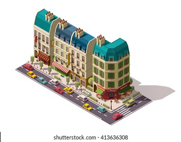 Vector isometric infographic element or icon representing Paris, France, street with cars,  old buildings, shops, restaurant and hotel
