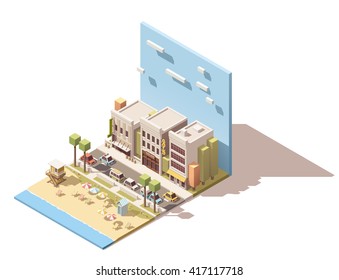 Vector Isometric infografía o icono que representa la playa de mar con la torre de vigilancia cerca de la pequeña calle del pueblo con edificios antiguos