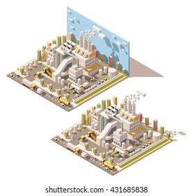 Vector isometric infographic element or icon representing factory with smoking pipes, trucks and forklifts on the yard and other industrial facilities