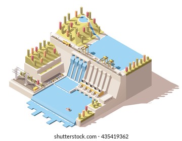 Vector Isometric infographic element or icon representing hydroelectric power station with dam on the river, water reservoir, power lines and flowing water from turbines