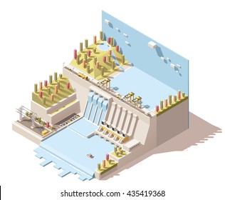 Vector Isometric Infographic Element Or Icon Representing Hydroelectric Power Station With Dam On The River, Water Reservoir, Power Lines And Flowing Water From Turbines