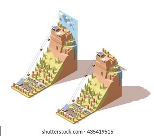 Vector Isometric infographic element or icon representing travel on cableway from the lower station to the viewing platform on mountain with waterfall