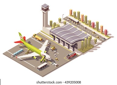 Elemento infográfico isométrico vetorial ou ícone representando terminal aeroportuário de baixo poli, avião a jato, veículos de apoio terrestre, equipamento e torre de controle de tráfego